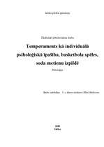 Реферат 'Temperaments kā individuālā psiholoģiskā īpatnība basketbola spēles soda metienu', 1.